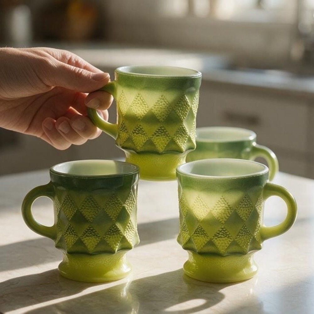 Vtg Anchor Hocking Fire King Kimberly Green Diamond Milk Glass Mug Set Lot of 4